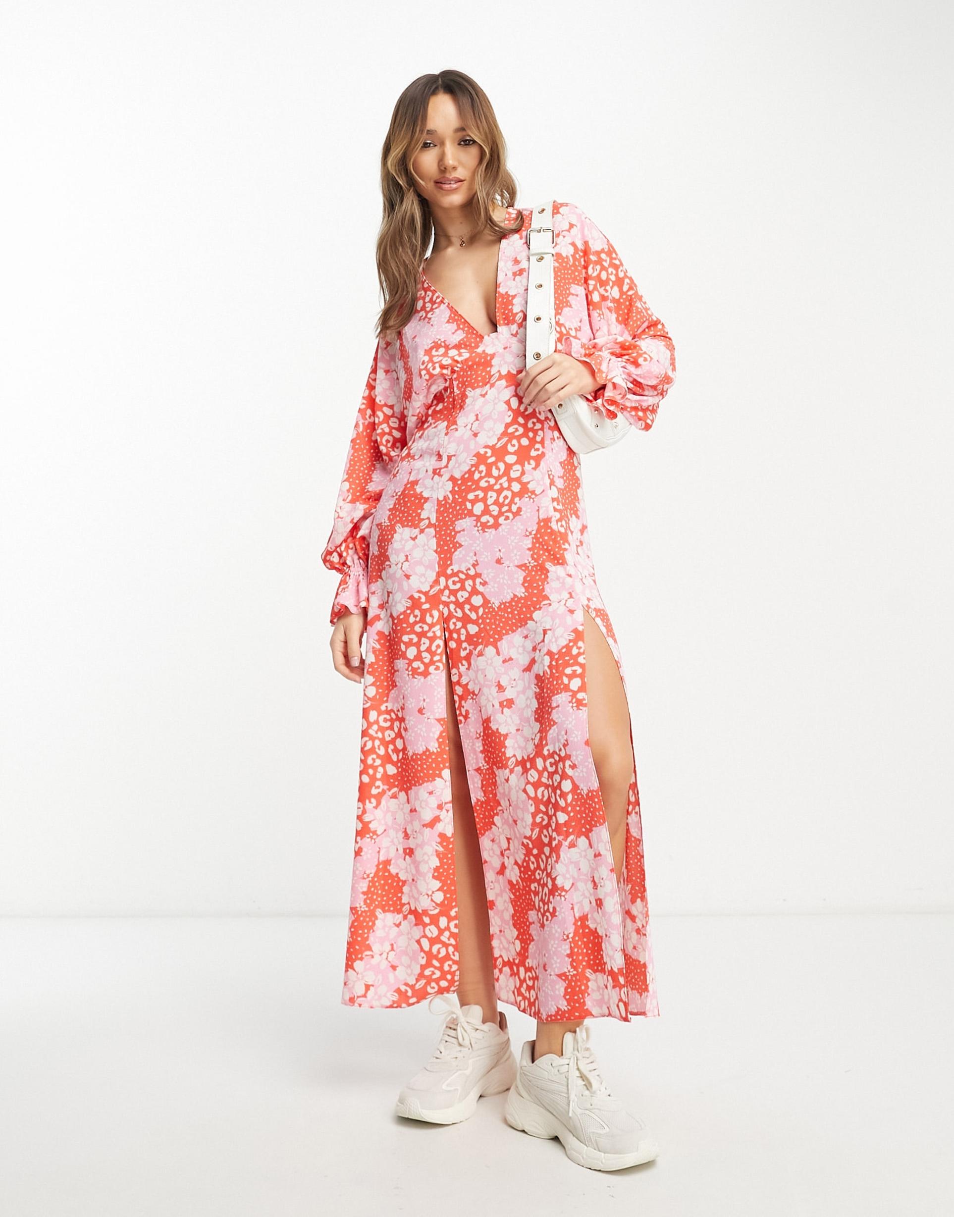 asos design plunge batwing maxi dress in pink splice print