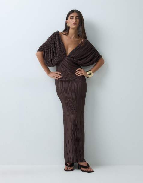 ASOS DESIGN plunge batwing plisse maxi dress in chocolate