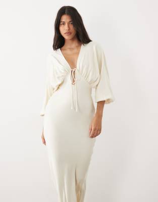Asos Design Plunge Batwing Satin Maxi Dress In White