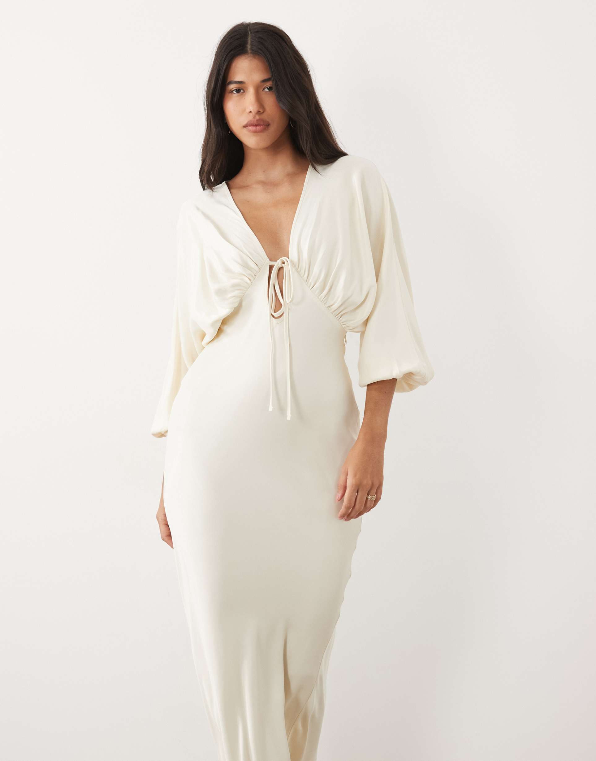 asos design plunge batwing satin maxi dress in ivory
