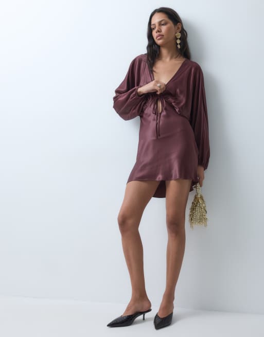 ASOS DESIGN plunge batwing satin mini dress in chocolate, 4 of 4