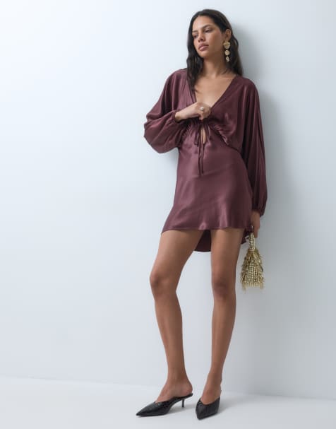ASOS DESIGN plunge batwing satin mini dress - view 1