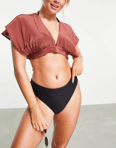ASOS DESIGN plunge beach co-ord top in brown - view 1