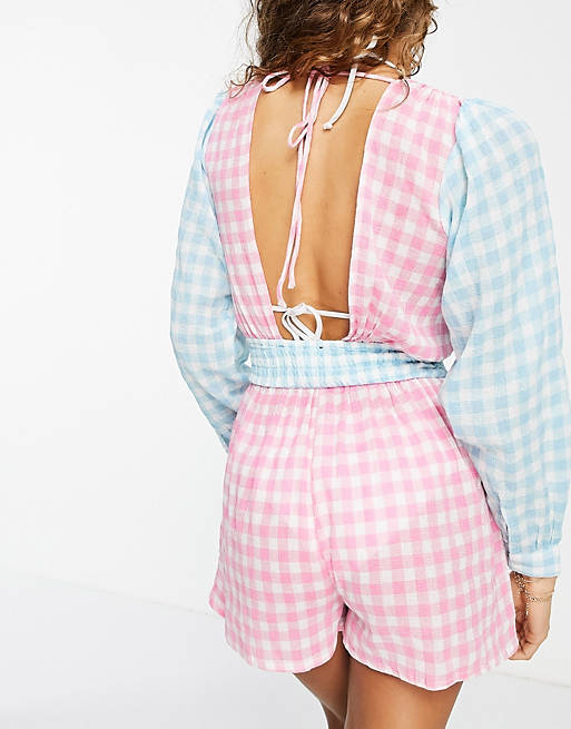  plunge beach playsuit in mixed gingham print 