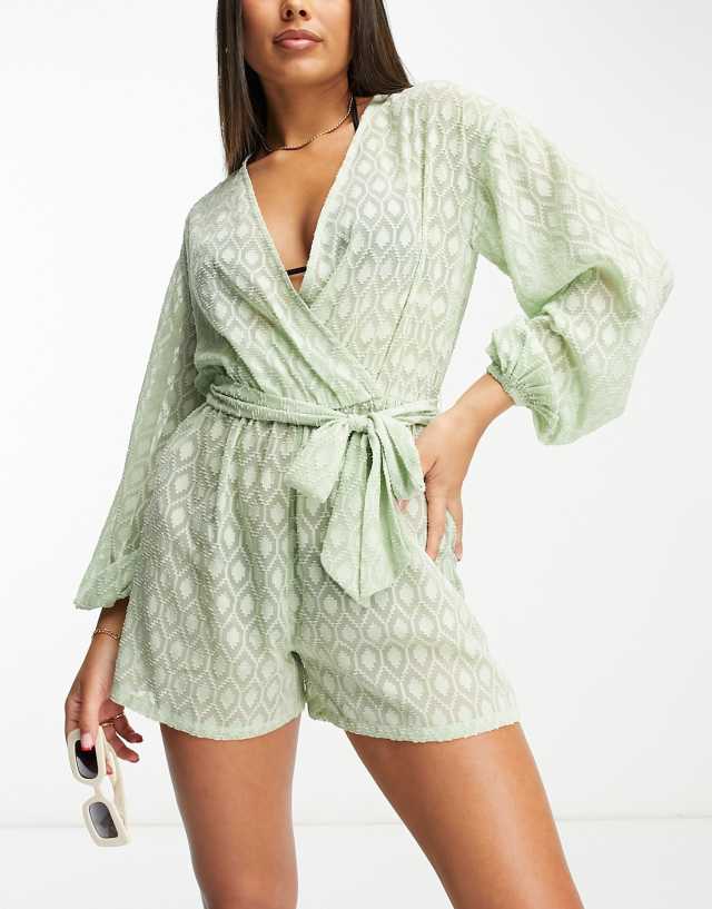 ASOS DESIGN plunge beach romper in floaty sheer jacquard in sage