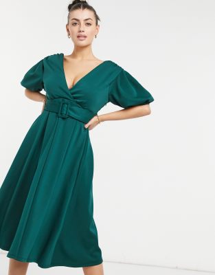 ASOS DESIGN plunge belted skater midi prom dress in forest green-Multi