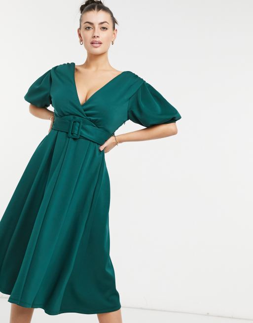 ASOS DESIGN plunge belted skater midi prom dress in forest green | ASOS