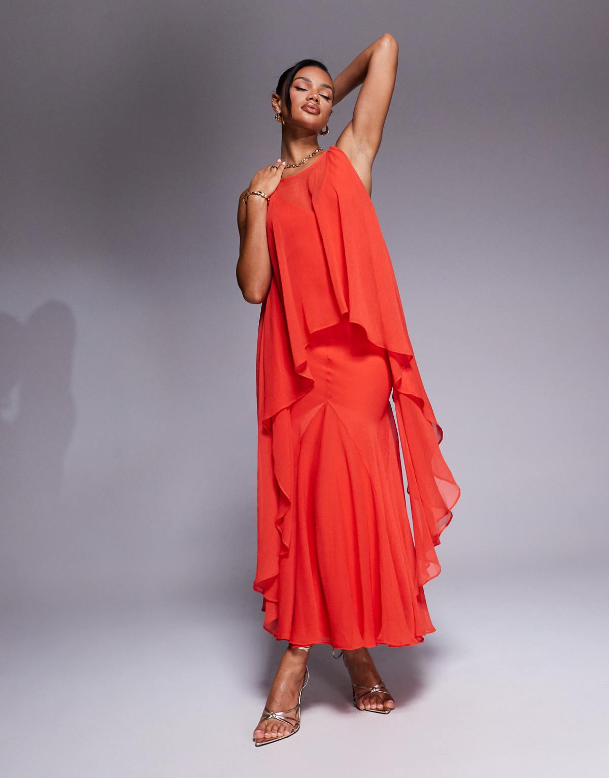ASOS DESIGN plunge bias maxi dress with chiffon overlay and godet in bright red
