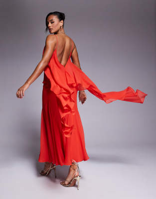 Asos Design Plunge Bias Maxi Dress With Chiffon Overlay And Godet