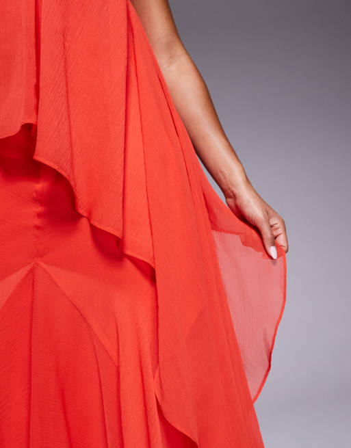 ASOS DESIGN plunge bias maxi dress with chiffon overlay and godet in bright red, 3 of 4