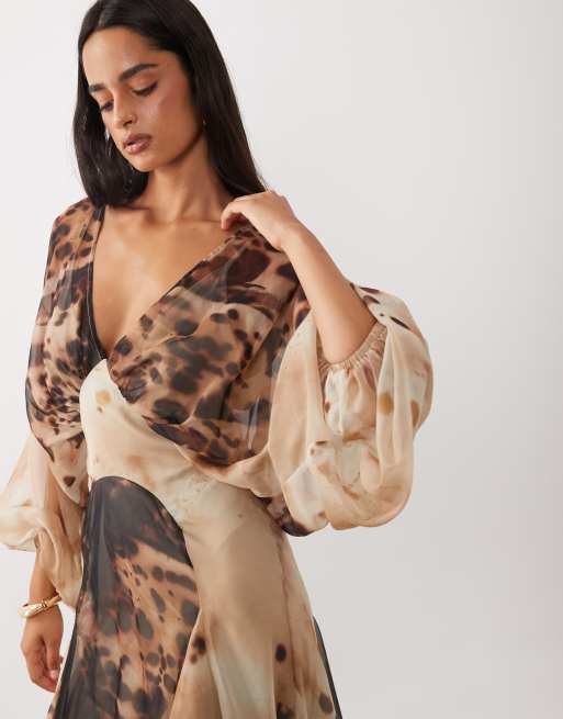 ASOS DESIGN plunge blouson maxi dress with ruffle hem in blurred animal print, 2 of 4