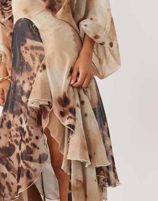 ASOS DESIGN plunge blouson maxi dress with ruffle hem in blurred animal print, 3 of 4