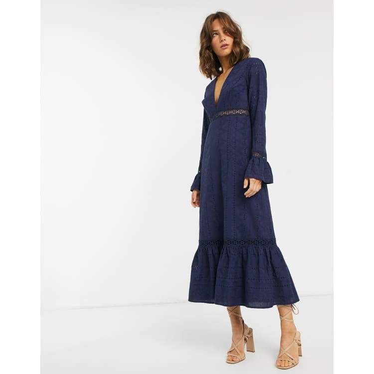 ASOS DESIGN plunge broderie maxi dress with pephem and fluted sleeves in navy