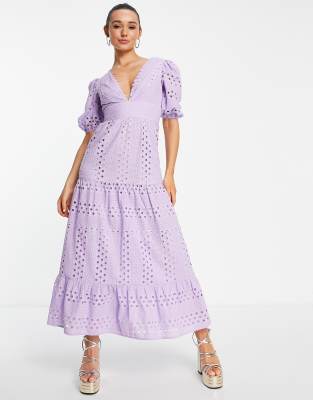 Asos design button through tiered midi broderie dress sale