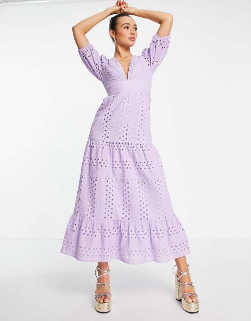 ASOS DESIGN plunge broderie tiered midi dress with button neck in lilac |  ASOS