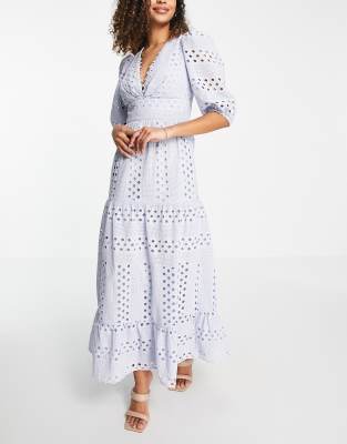 Asos design button through tiered midi broderie dress sale