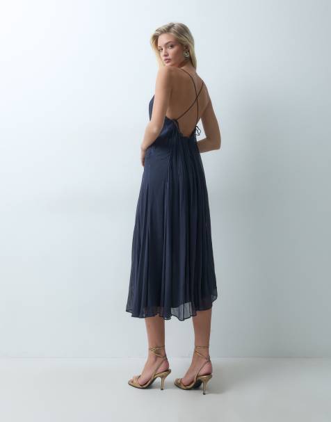 ASOS DESIGN plunge cami midi dress with asymmetric hem and satin panel in navy - view 1