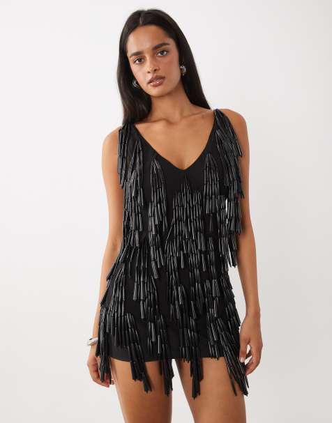 ASOS DESIGN plunge cami mini dress with chunky beads in black - view 1