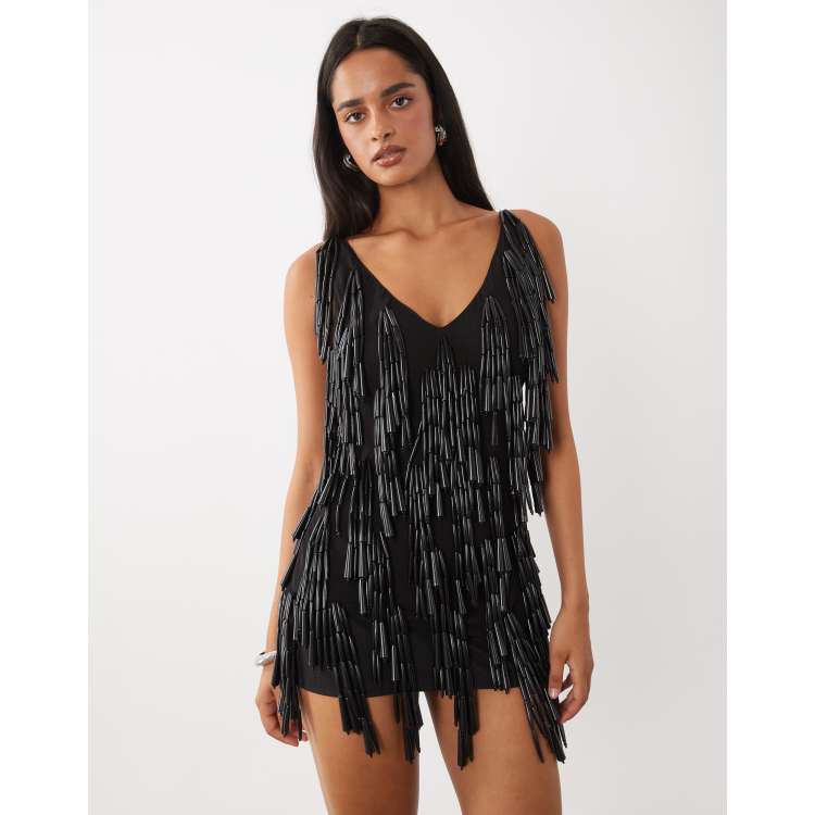 ASOS DESIGN plunge cami mini dress with chunky beads in black