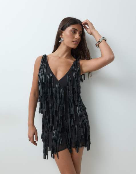 ASOS DESIGN plunge cami mini dress with chunky beads in black