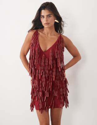 Asos Design Plunge Cami Mini Dress With Chunky Beads In Red