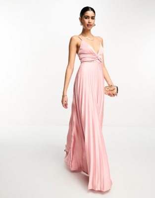 Asos Design Plunge Cami Waisted Pleated Maxi Dress In Rose Gold-pink