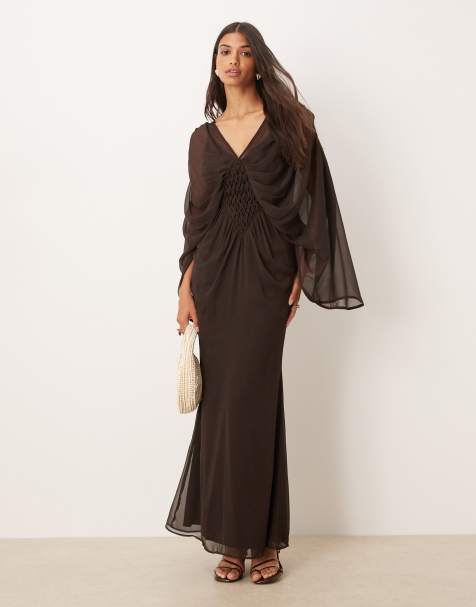 ASOS DESIGN plunge cape sleeve maxi dress with honeycomb shirring detail in chocolate - view 1