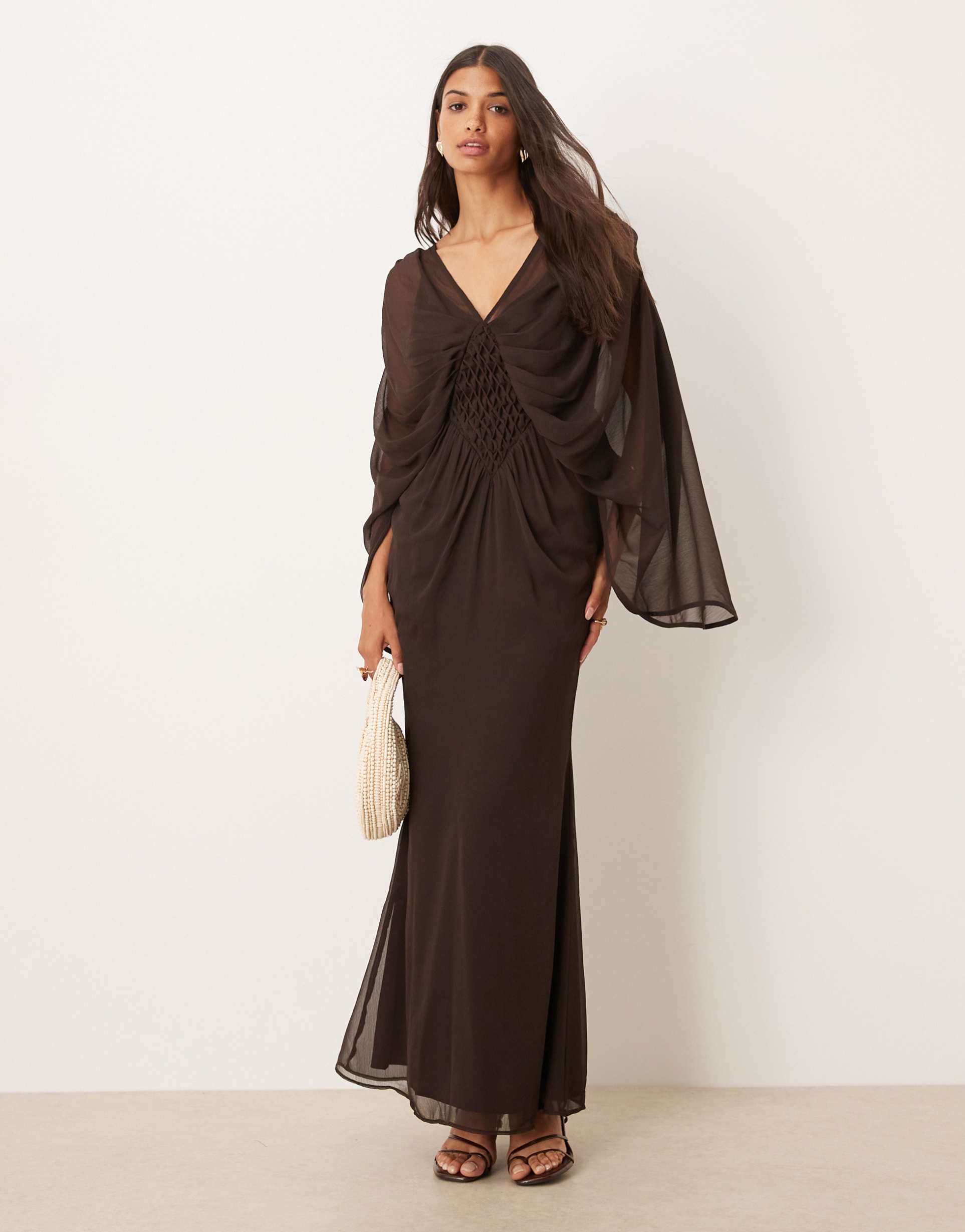 asos design plunge cape sleeve maxi dress with honeycomb shirring detail in chocolate