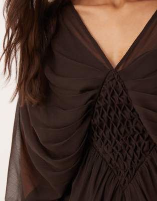 Asos Design Plunge Cape Sleeve Maxi Dress With Honeycomb Shirring Detail In Brown