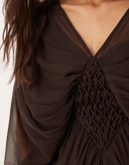 ASOS DESIGN plunge cape sleeve maxi dress with honeycomb shirring detail in chocolate