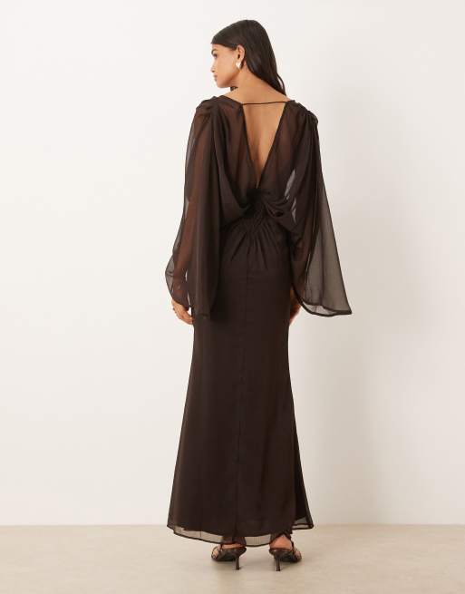 ASOS DESIGN plunge cape sleeve maxi dress with honeycomb shirring detail in chocolate