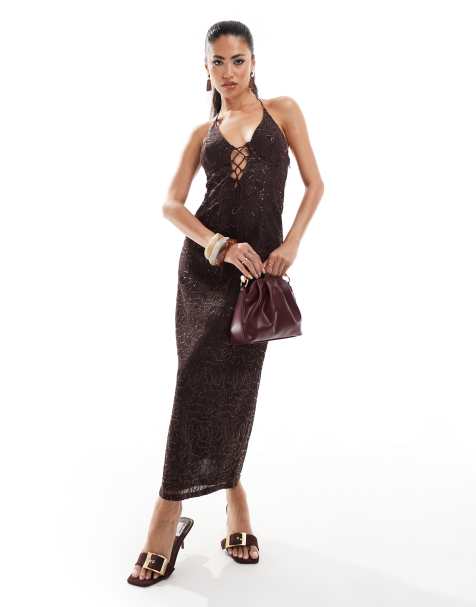 ASOS DESIGN plunge corset midi dress with lace up detail in sheer sequin chocolate lace - view 1