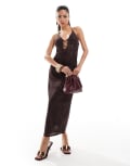 [ASOS DESIGN] ASOS DESIGN plunge corset midi dress with lace up detail in sheer sequin chocolate lace-Brown 14 Chocolate