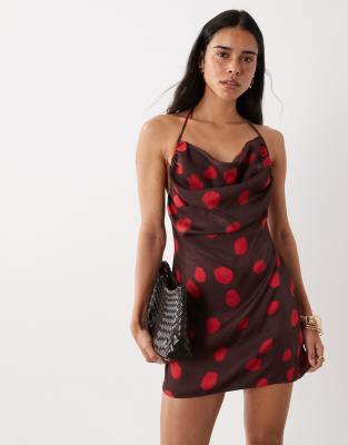 Asos Design Plunge Cowl Halter Mini Dress In Multi