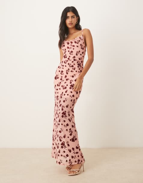 ASOS DESIGN plunge cowl mesh flocked floral maxi dress in pink - view 1