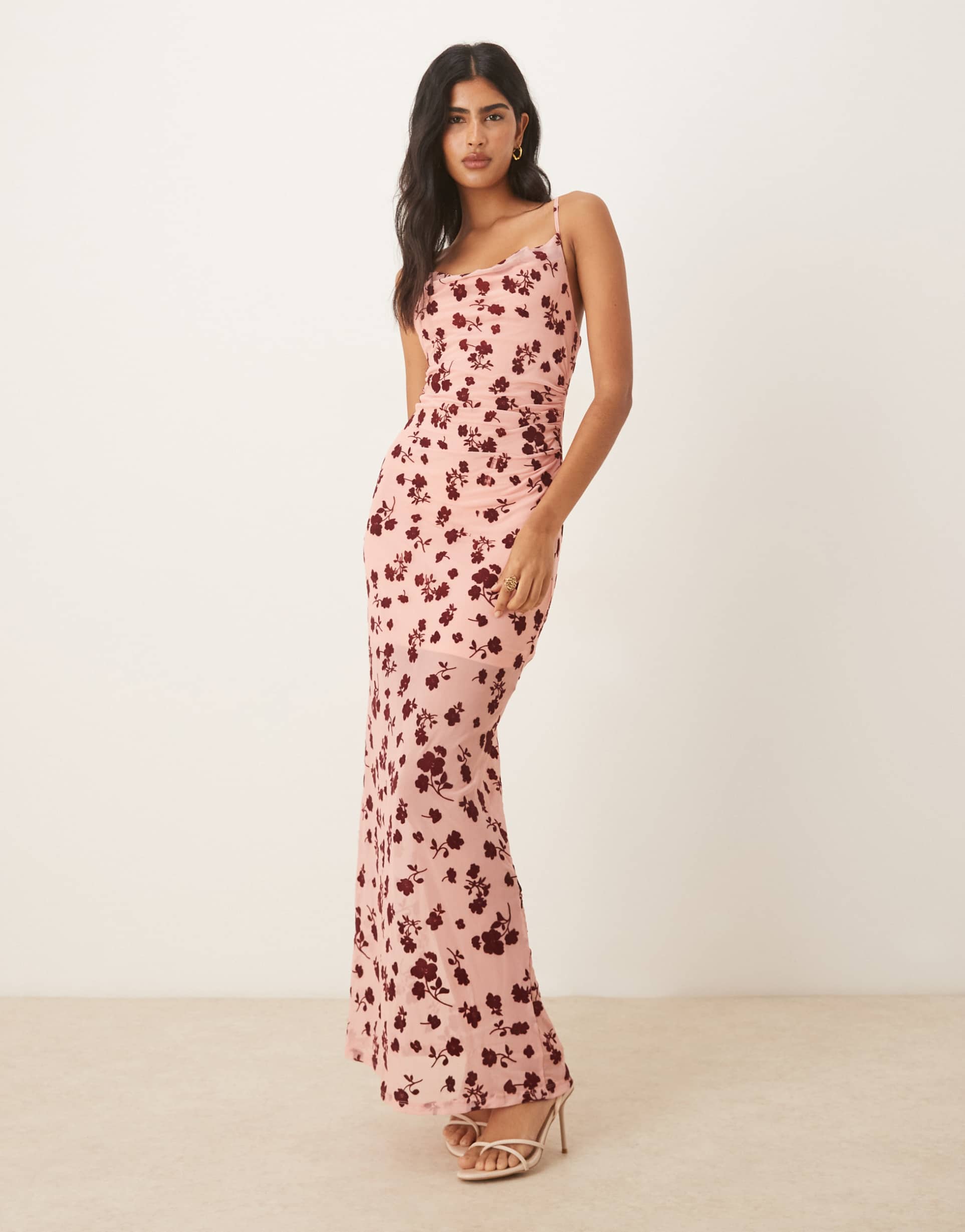 asos design plunge cowl mesh flocked floral maxi dress in pink