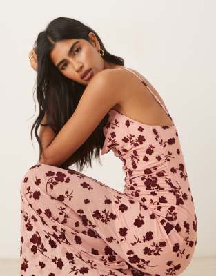 Asos Design Plunge Cowl Mesh Flocked Floral Maxi Dress In Pink
