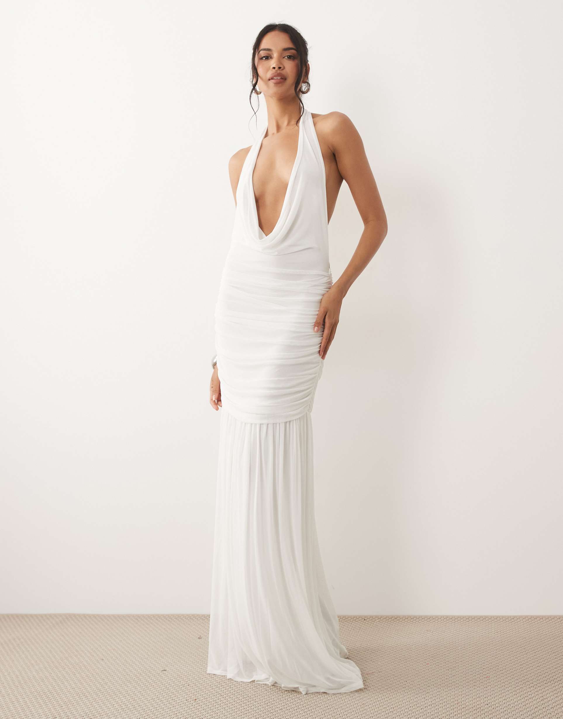 asos design plunge cowl mesh maxi dress with ruched drop waist detail in ivory