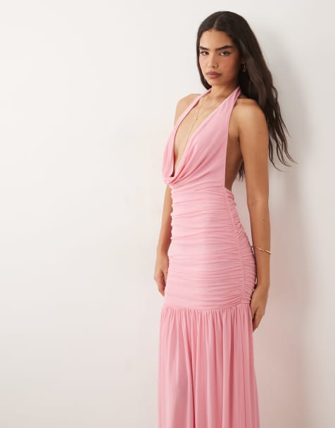ASOS DESIGN plunge cowl mesh maxi dress with ruched drop waist detail in pink - view 1