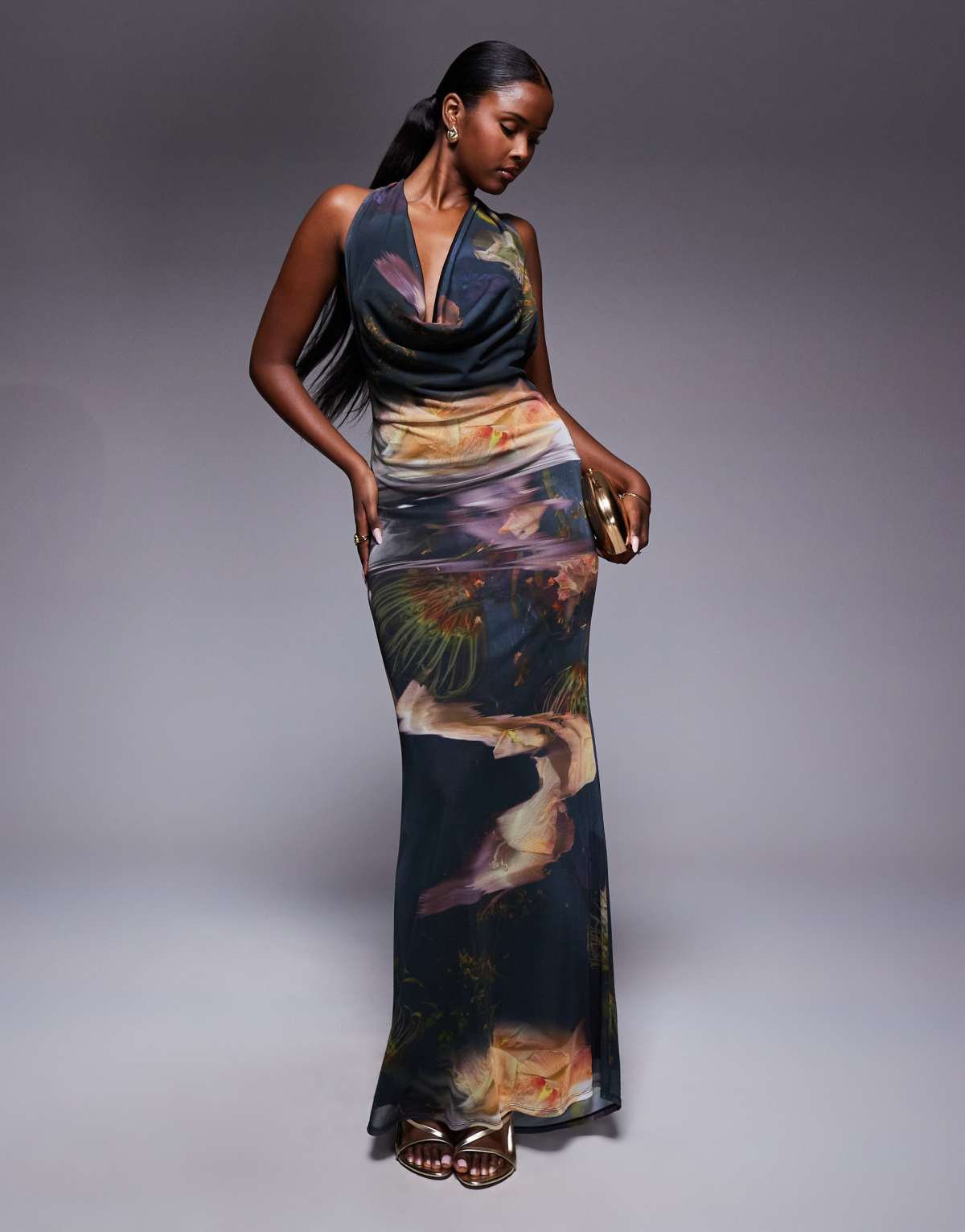 ASOS DESIGN plunge cowl neck maxi dress in blue print