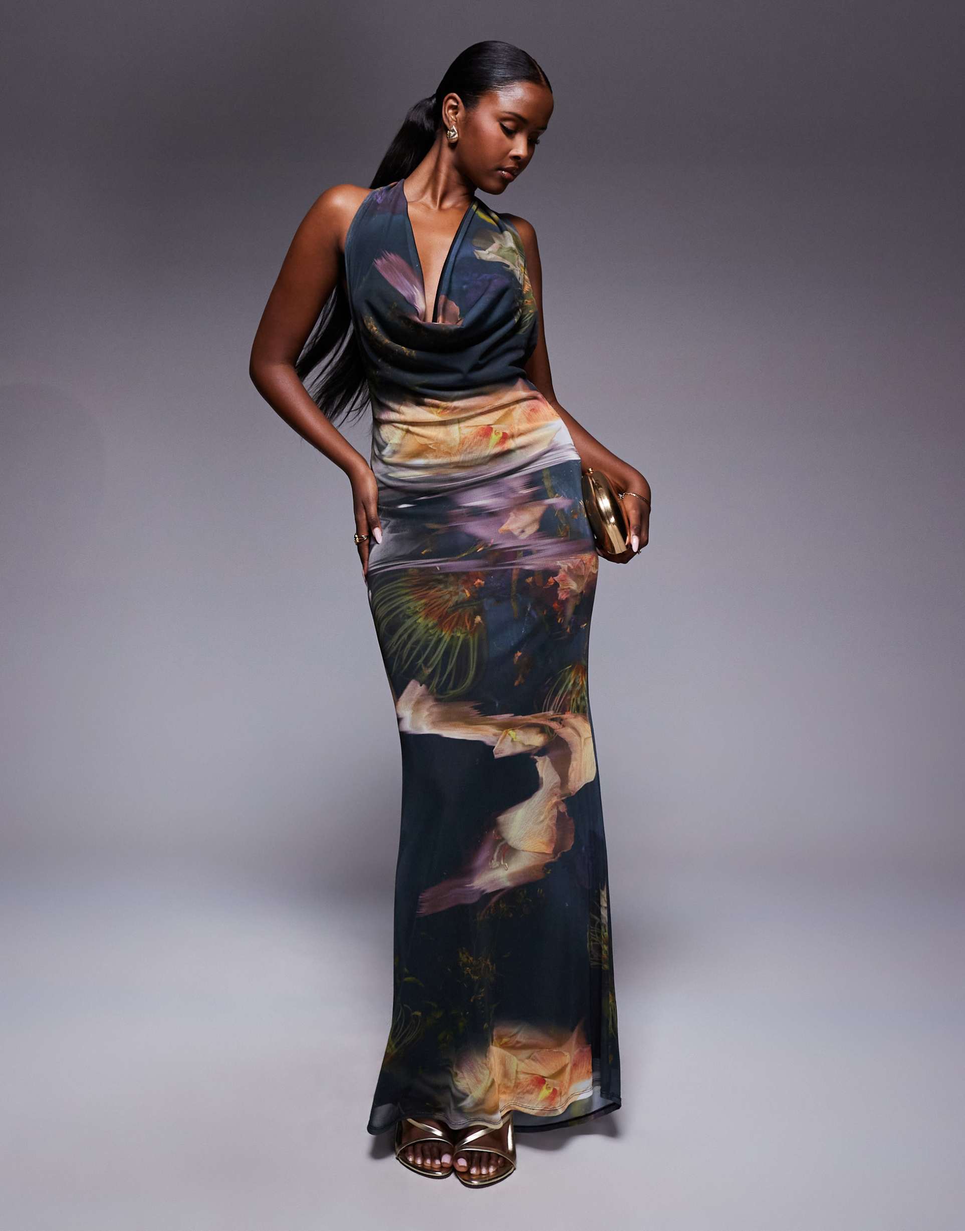 asos design plunge cowl neck maxi dress in blue print