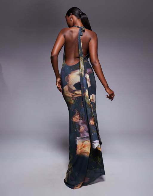 ASOS DESIGN plunge cowl neck maxi dress in blue print
