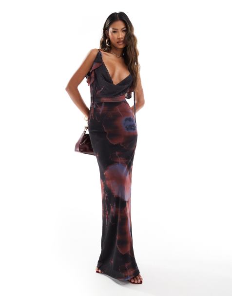 ASOS DESIGN plunge cowl neck maxi with tie detail in printed mesh in blurred floral - view 1