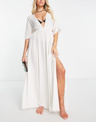 ASOS DESIGN plunge crinkle cover up with cut out waist detail in natural - ASOS Price Checker