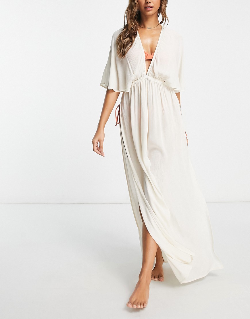 Asos Design Plunge Crinkle Maxi Cover Up With Slits In Natural-white