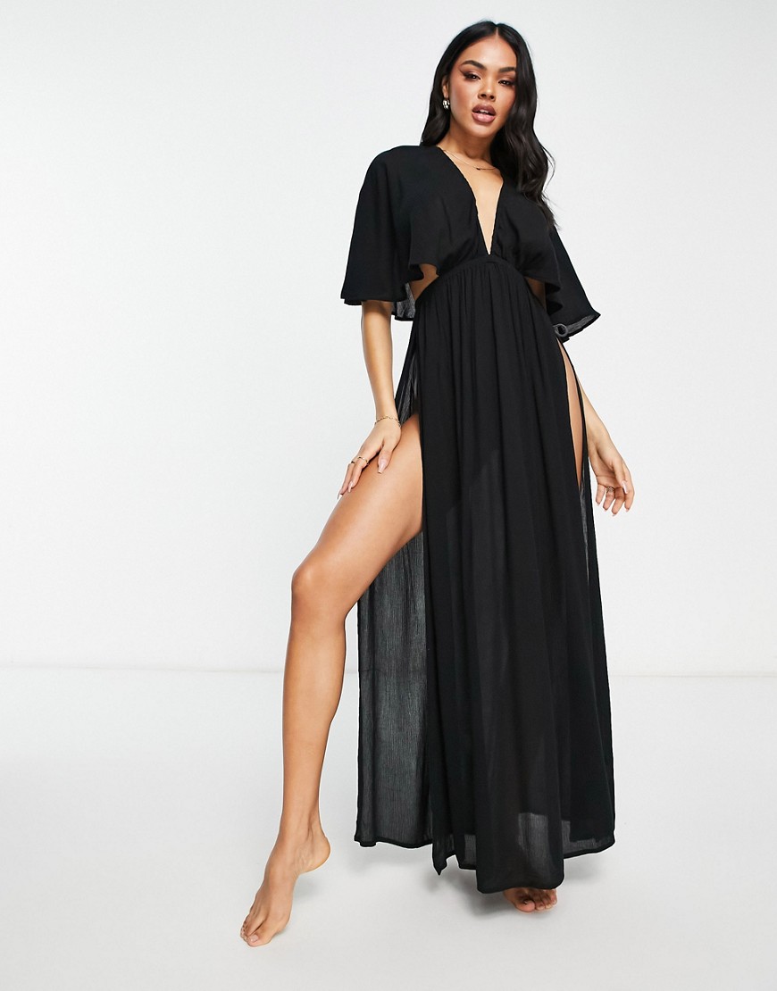 ASOS DESIGN plunge crinkle maxi cover up with splits in black