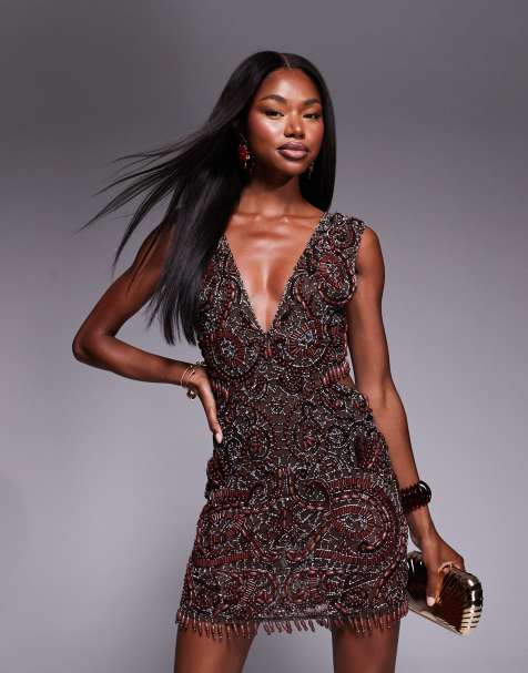 ASOS DESIGN plunge cut-out embellished mini dress in chocolate - view 1