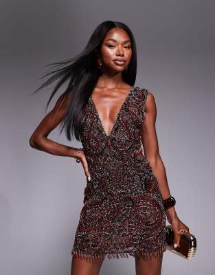 ASOS DESIGN plunge cutout embellished mini dress in chocolate - view 1