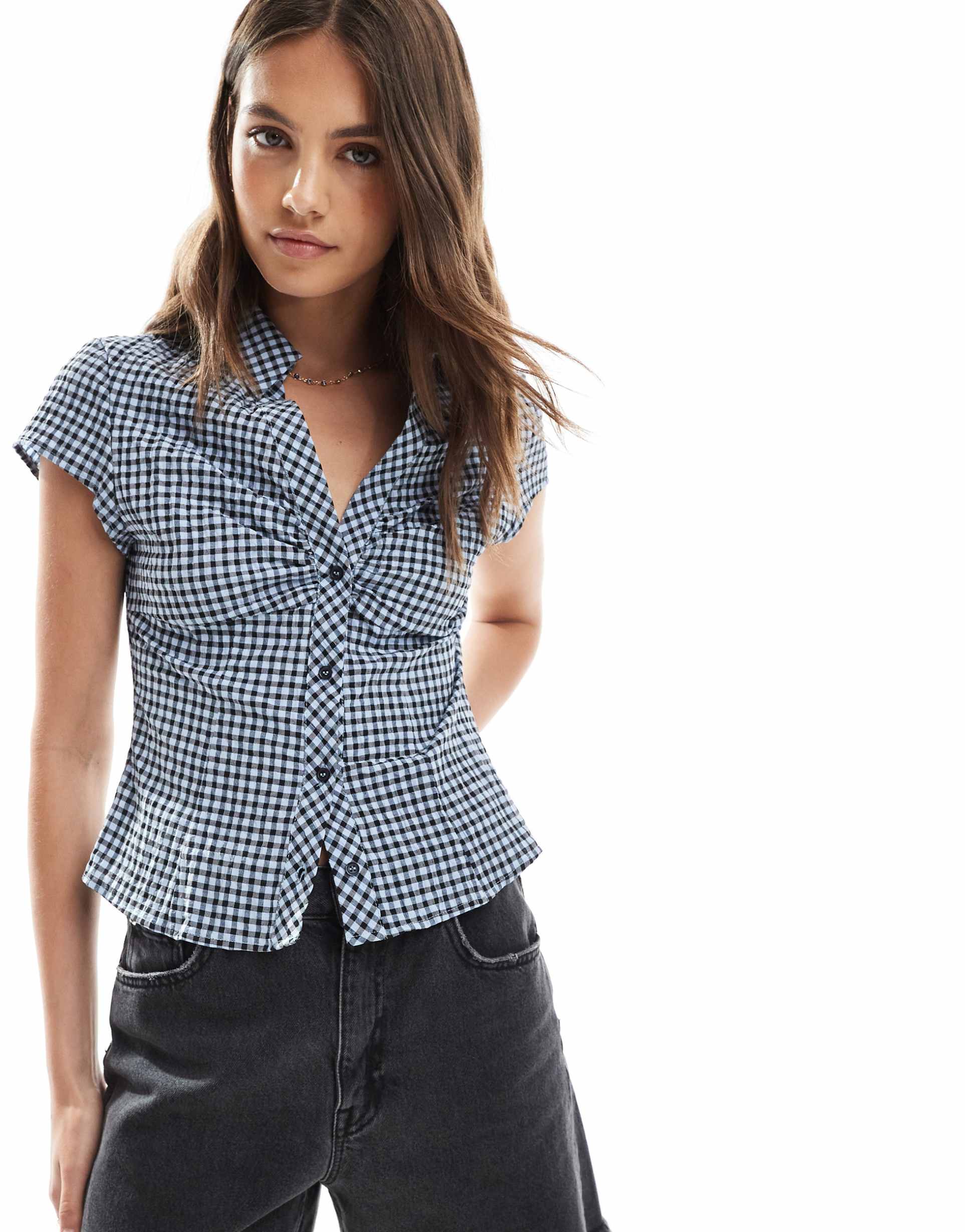 asos design plunge detail cinched shirt in gingham