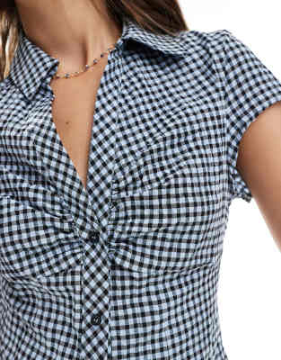 Asos Design Plunge Detail Cinched Shirt In Blue